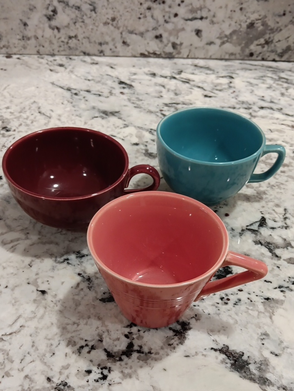 3 Midcentury  Coffee Cups- Coral, Aqua & Burgundy